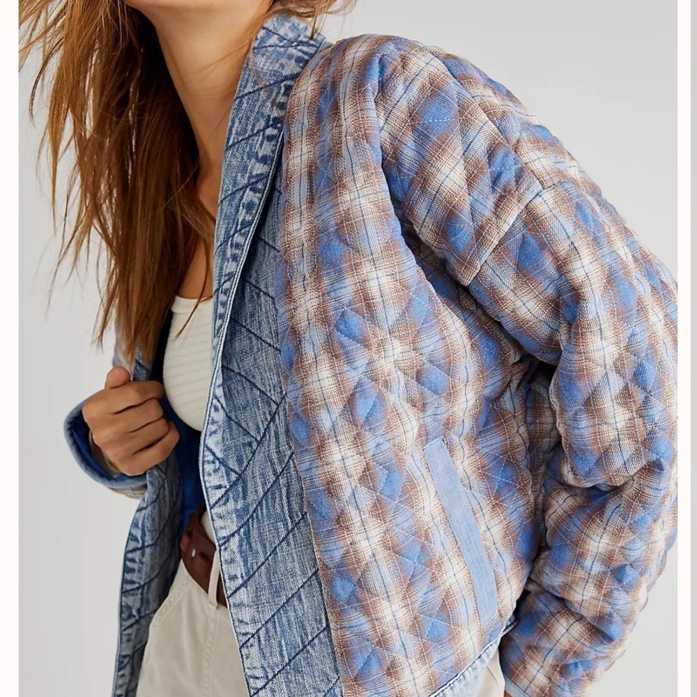 Blank NYC Blue and Brown Quilted Plaid Jacket